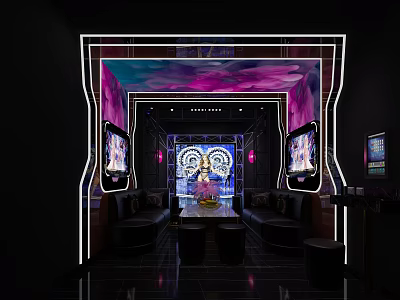 Modern KTV Interior Design With Neon Lights Comfortable Sofa Seats And Decorative Screens 3d model