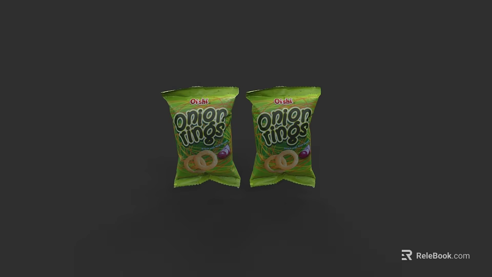 Oishi Onion Rings Snack Packs With Green Packaging And Crispy Texture 3d model 