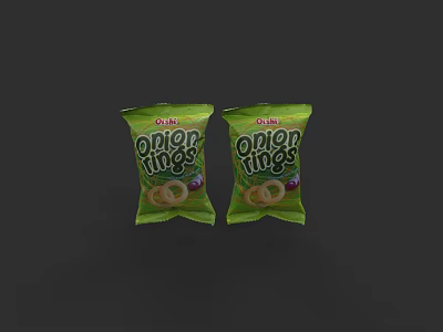 Oishi Onion Rings Snack Packs With Green Packaging And Crispy Texture 3d model