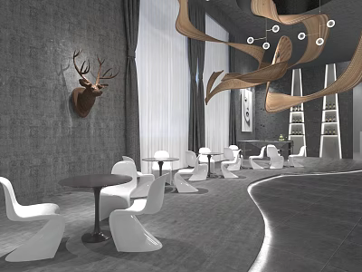 Stylish Modern Interior With Gray Wall Deer Head Decoration White Chairs Round Tables And Chandelier 3d model