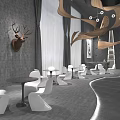 Stylish Modern Interior With Gray Wall Deer Head Decoration White Chairs Round Tables And Chandelier