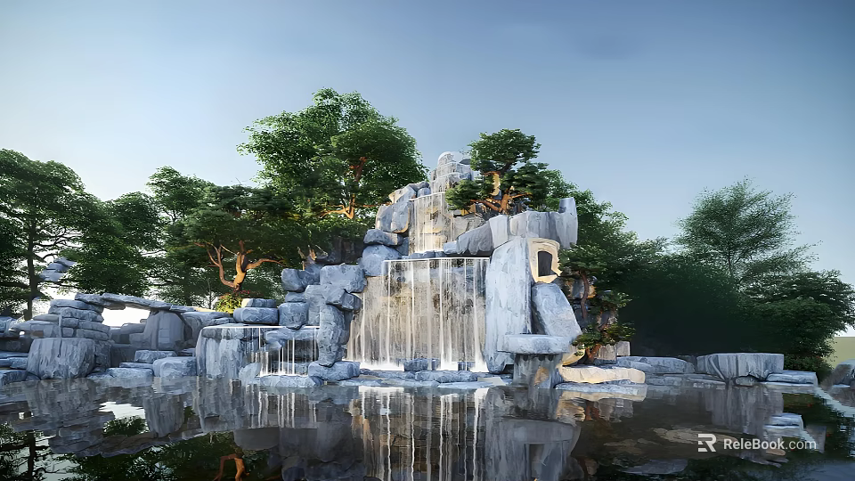 Rockery Stone Natural Garden Landscape With Waterfall Flowing Water And Green Trees 3d model 