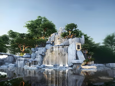 Rockery Stone Natural Garden Landscape With Waterfall Flowing Water And Green Trees 3d model