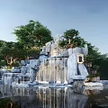 Rockery Stone Natural Garden Landscape With Waterfall Flowing Water And Green Trees