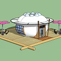 Unique Homestay Building With Dome Roof Wooden Deck And Outdoor Pink Umbrellas