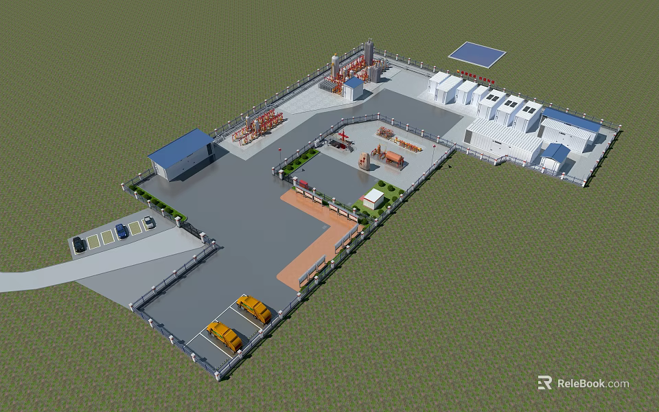 Modern Industrial Facility Design Featuring Buildings Parking Yellow Vehicles Equipment Solar Panels And Green Lawn 3d model 