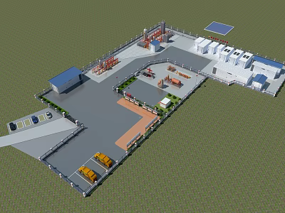 Modern Industrial Facility Design Featuring Buildings Parking Yellow Vehicles Equipment Solar Panels And Green Lawn 3d model
