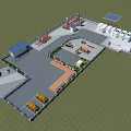 Modern Industrial Facility Design Featuring Buildings Parking Yellow Vehicles Equipment Solar Panels And Green Lawn