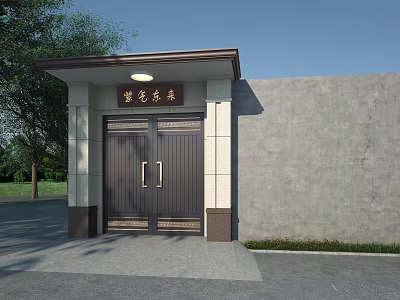 Traditional Chinese Entrance Gate With Double Doors Roofed Porch Gray Wall And Trees 3d model