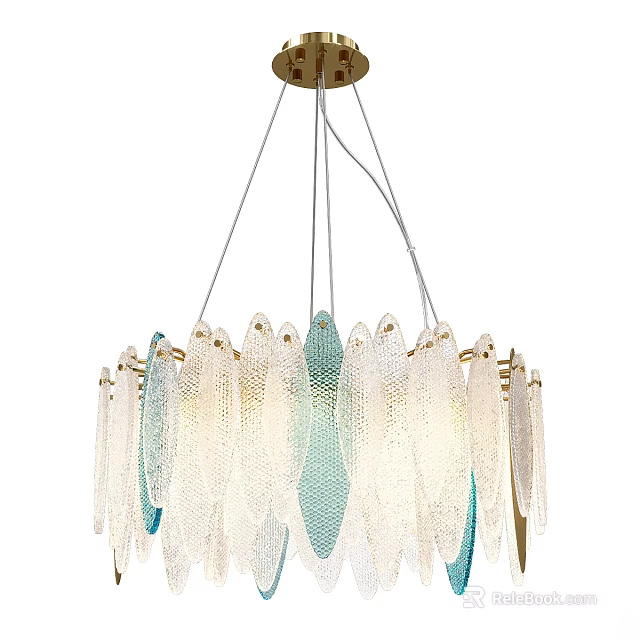 Elegant Feather Shaped Crystal Chandelier With Clear Blue Glass And Gold Frame 3d model 