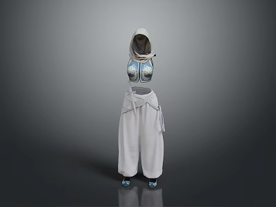 Hooded Outfit With Sleeveless Blue Top White Loose Pants Belt And Blue Shoes 3d model
