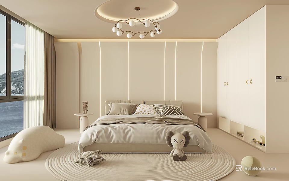 Modern Minimalist Bedroom Interior With Large Bed Vertical Line Lit Bedhead Wall And Round Chandelier 3d model 