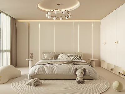 Modern Minimalist Bedroom Interior With Large Bed Vertical Line Lit Bedhead Wall And Round Chandelier 3d model