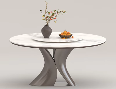 Modern Dining Table With Round Marble Top Twisted Silver Base Gray Vase And Orange Bowl 3d model