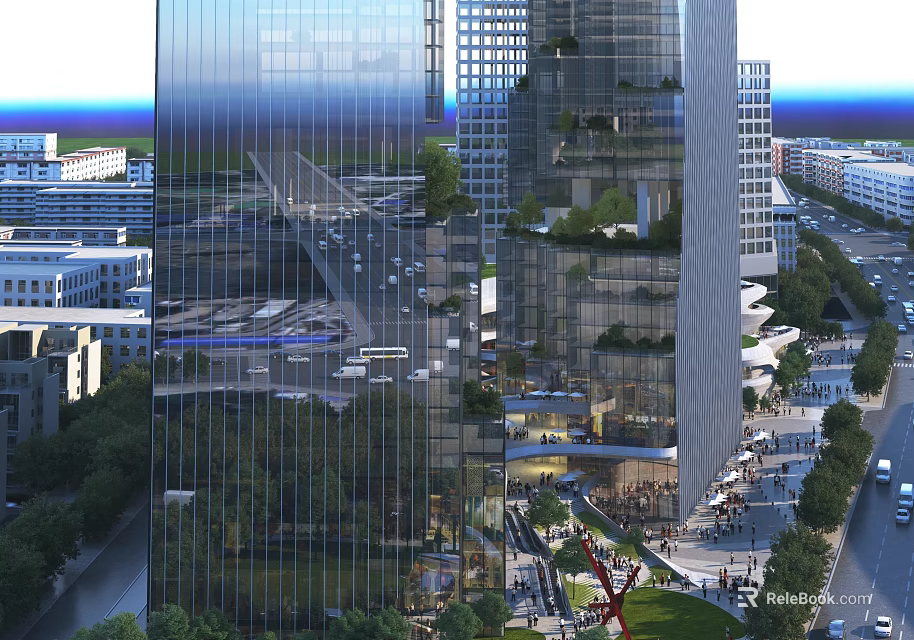 Modern Commercial Complex With Glass Curtain Walls Lush Greenery And Pedestrian Plaza 3d model 