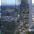 Modern Commercial Complex With Glass Curtain Walls Lush Greenery And Pedestrian Plaza