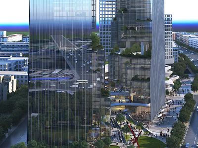 Modern Commercial Complex With Glass Curtain Walls Lush Greenery And Pedestrian Plaza 3d model
