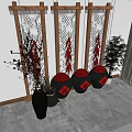 Traditional Chinese Garden Decor With Wooden Lattice Screens Red Chili Strings And Fu Character Jars