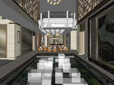 Luxurious Sales Office Interior With Water Feature Chandelier And Negotiation Seating Furniture 3d model