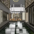 Luxurious Sales Office Interior With Water Feature Chandelier And Negotiation Seating Furniture
