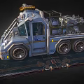 Futuristic Six Wheeled Tow Truck With Mechanical Arm And Silver Blue Exterior