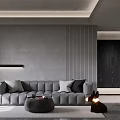 Modern Living Dining Room Interior With Gray Sofa TV Floor to Ceiling Windows And Lighting