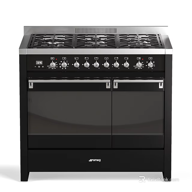 Black Kitchen Range Cooker With Multiple Burners And Double Oven Doors 3d model 
