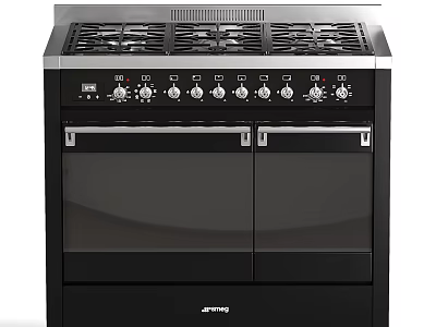 Black Kitchen Range Cooker With Multiple Burners And Double Oven Doors 3d model