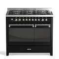 Black Kitchen Range Cooker With Multiple Burners And Double Oven Doors