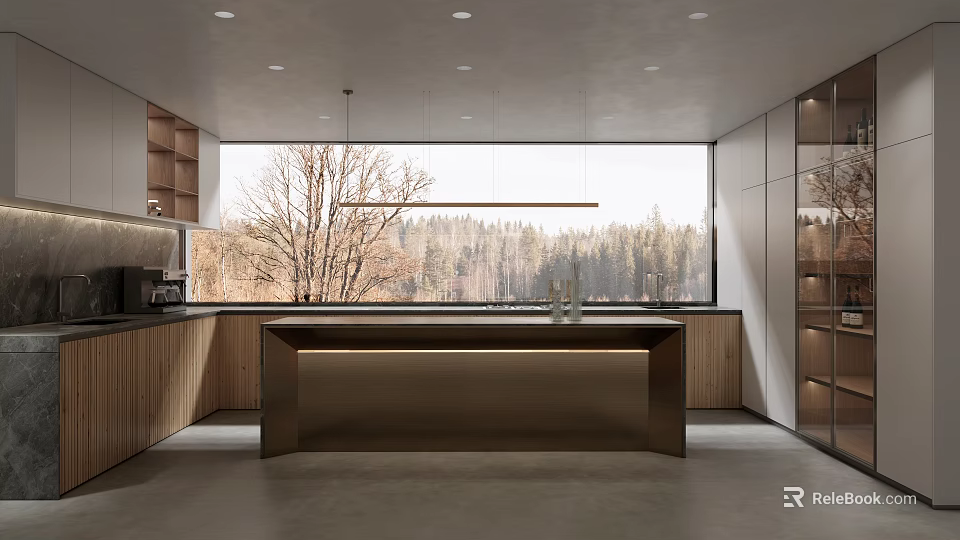 Modern Kitchen Interior Design With Island Counter Wooden Cabinets Large Window And Natural Forest View 3d model 
