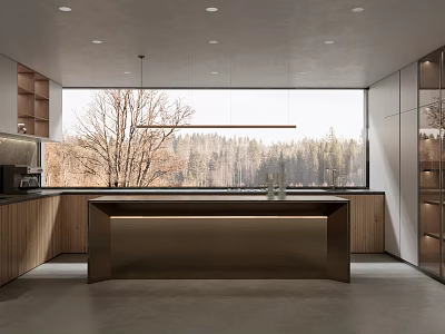 Modern Kitchen Interior Design With Island Counter Wooden Cabinets Large Window And Natural Forest View 3d model