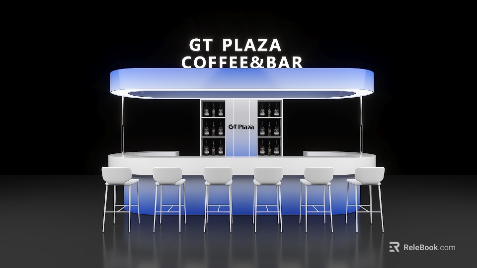 GT Plaza Coffee Bar Area With White Counter Blue Lighting And White Bar Stools 3d model 
