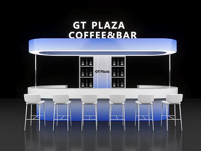 GT Plaza Coffee Bar Area With White Counter Blue Lighting And White Bar Stools 3d model