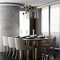 Modern Restaurant Interior Design With Round Dining Table Golden Legs White Chairs And Modern Chandelier