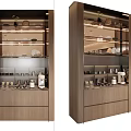 Modern Wine Cabinet With Glass Door Wooden Frame And Interior Dishes Glasses Lighting