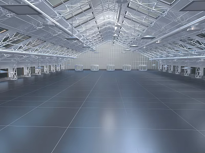 Large Indoor Space With Gray Floor Metal Roof Beams Skylights And White Walls 3d model