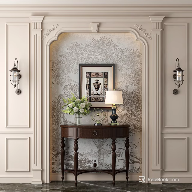 Elegant Entryway Console Table And Side Cabinet With Wall Art Lamp And Flower Vase Decoration 3d model 