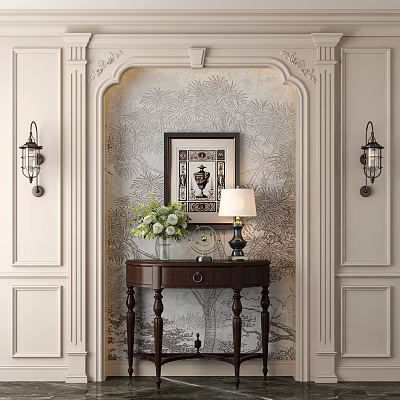 Elegant Entryway Console Table And Side Cabinet With Wall Art Lamp And Flower Vase Decoration 3d model