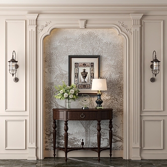 French American Style European Style Entrance Cabinet Side Cabinet Wall Lamp Wall Panel Arched Door Hole 3d model