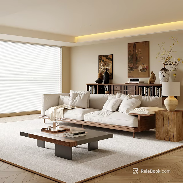 Modern Living Room Interior With Beige Sofa Pillows Wooden Coffee Table And Decorative Paintings 3d model 