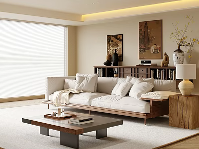 Modern Living Room Interior With Beige Sofa Pillows Wooden Coffee Table And Decorative Paintings 3d model