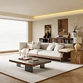Modern Living Room Interior With Beige Sofa Pillows Wooden Coffee Table And Decorative Paintings