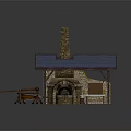 Rustic Hut With Blue Roof Chimney And Burning Fireplace Wooden Table Chairs On Dirt Ground