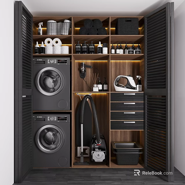Organized Modern Laundry Room Storage With Washing Machines Vacuum Cleaner And Supplies 3d model 