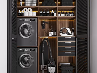 Organized Modern Laundry Room Storage With Washing Machines Vacuum Cleaner And Supplies 3d model