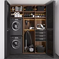 Organized Modern Laundry Room Storage With Washing Machines Vacuum Cleaner And Supplies
