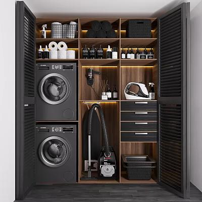 Organized Modern Laundry Room Storage With Washing Machines Vacuum Cleaner And Supplies 3d model