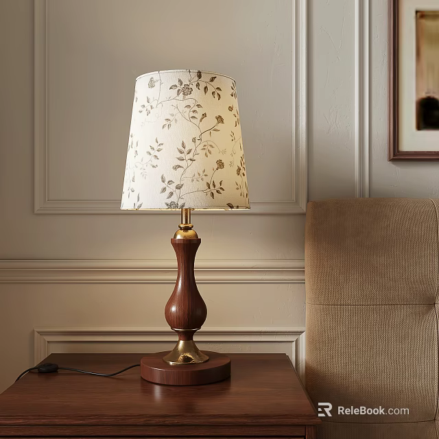 Elegant Table Lamp with Wooden Base Gold Accents and Floral Patterned Lampshade by Beige Chair 3d model 