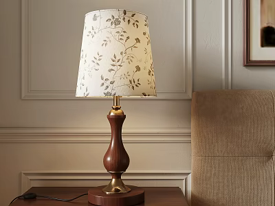 Elegant Table Lamp with Wooden Base Gold Accents and Floral Patterned Lampshade by Beige Chair 3d model