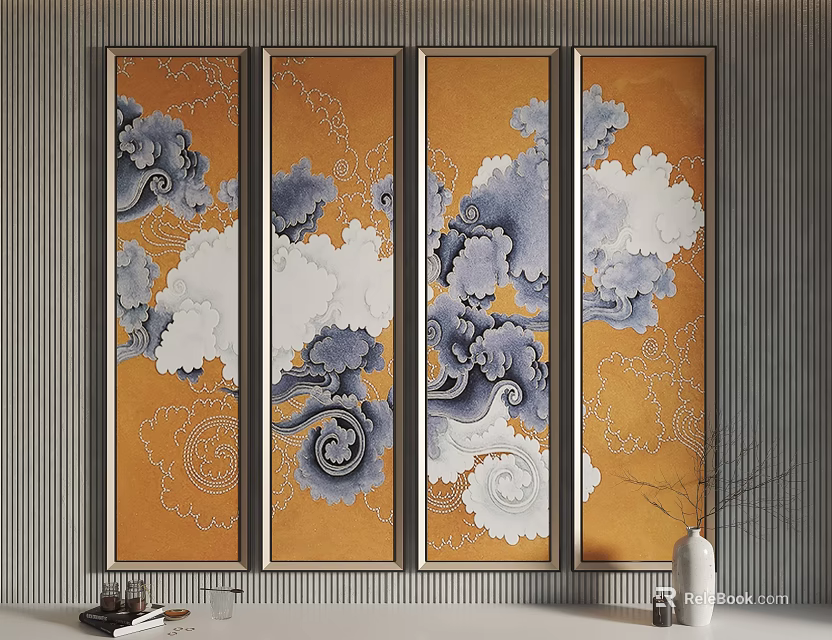 Four Panel Decorative Paintings With Orange Background Blue White Cloud Patterns And Golden Frames 3d model